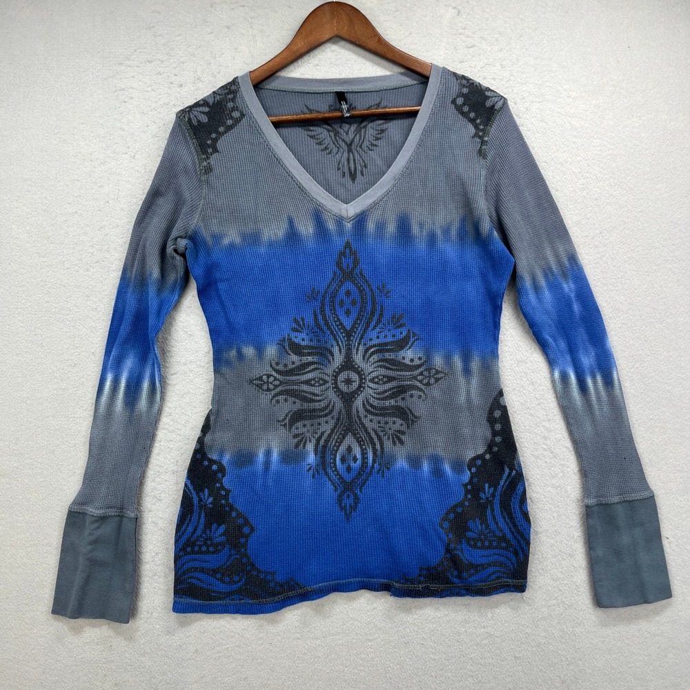 Buffalo David Bitton Thermal Shirt Womens XL Blue Grey Tie Dye V Neck Y2K Grunge